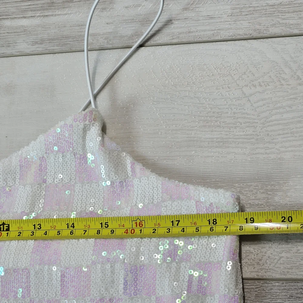 Crop Top Size L Iridescent Lavender Checkered Sequin Spaghetti Strap Mermaid Y2K - Picture 5 of 10